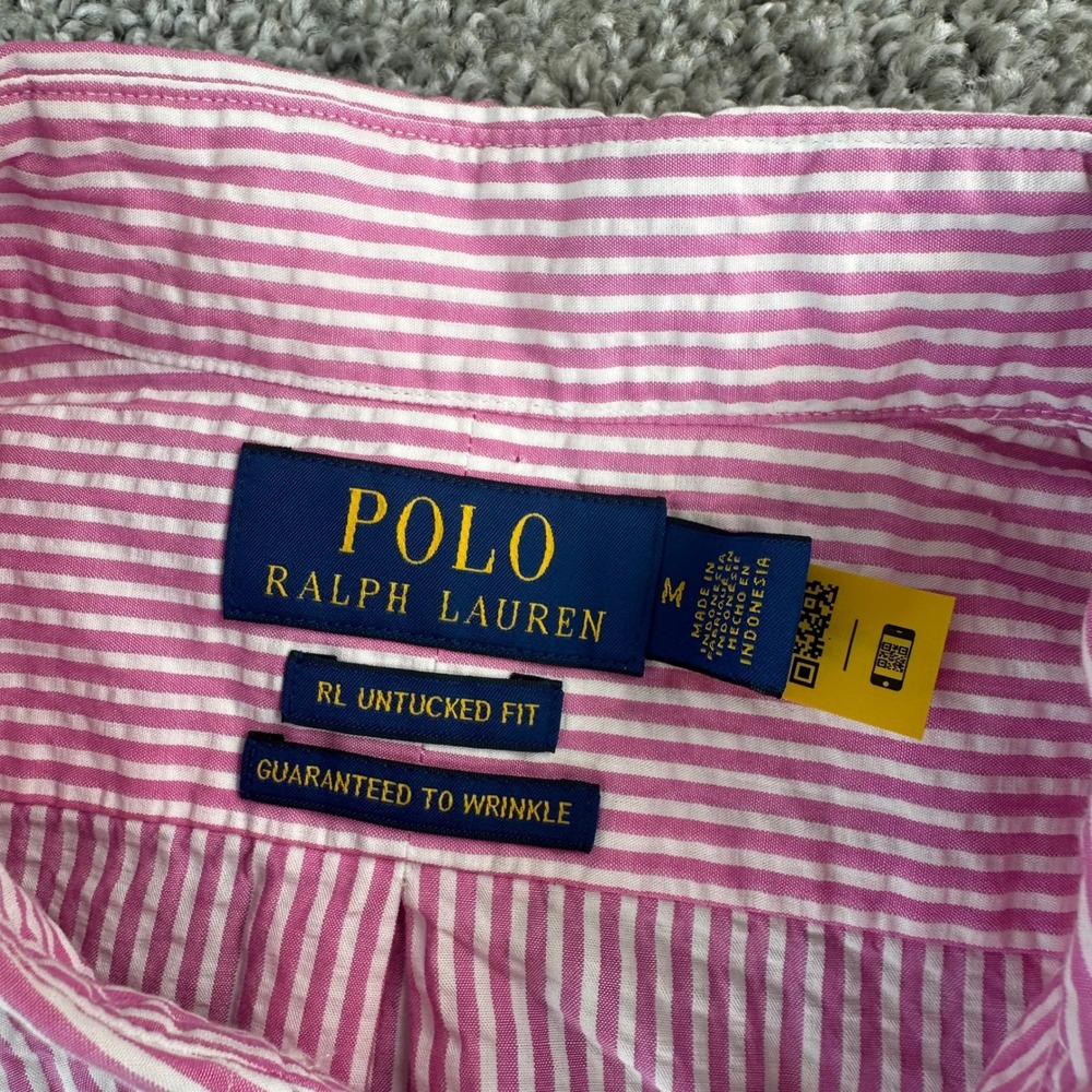 Polo Ralph Lauren Shirt Men Medium Pink Seersucker Stripe Untuck Fit Wrinkle NEW - Picture 4 of 10